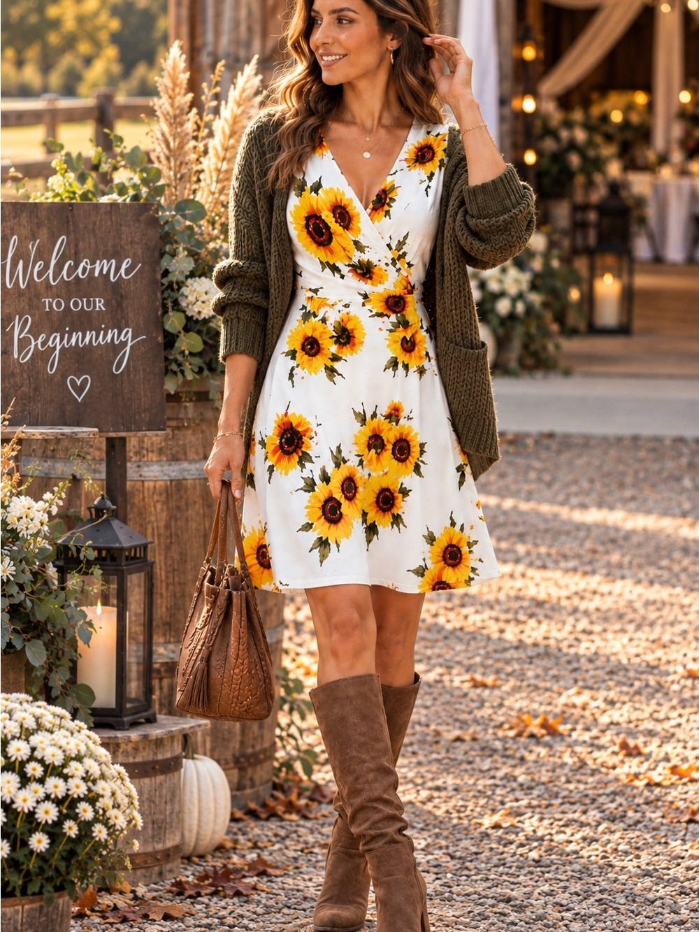 DB Noon Sunflower Floral Faux White Wrap Knee Length Dress Medium. NWT